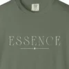 Close-up of the Essence Tall Serif print on a Moss Comfort Colors 1717 tee