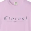 Close-up of the Eternal Swirl print on a Orchid Comfort Colors 1717 tee