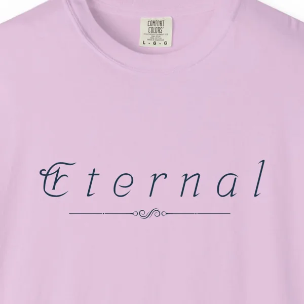 Close-up of the Eternal Swirl print on a Orchid Comfort Colors 1717 tee