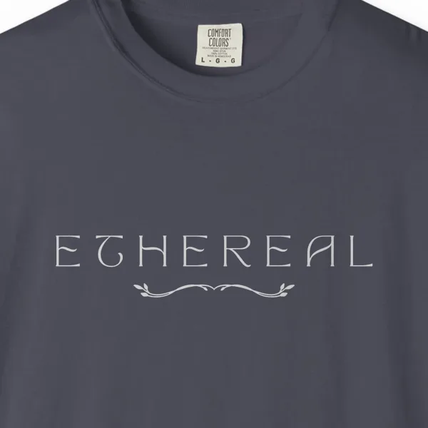 Close-up of the Ethereal Leaf Vine print on a Navy Comfort Colors 1717 tee