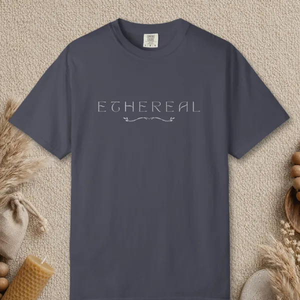 Ethereal Leaf Vine design on a Navy Comfort Colors 1717 tee, laid flat