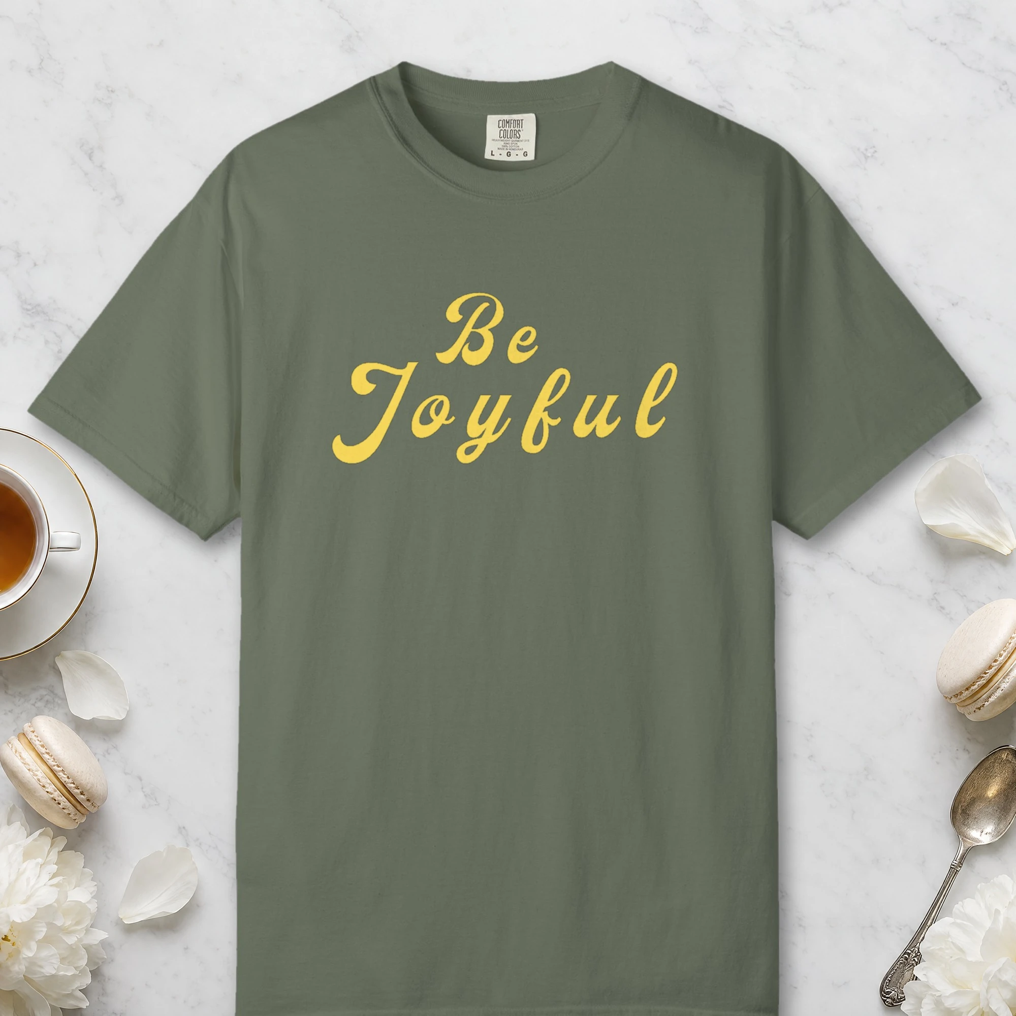 Everyday Joy design on a Moss Comfort Colors 1717 tee, laid flat