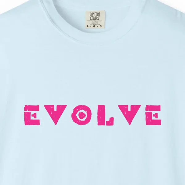 evolve-tee-chambray-chest Close-up of the Evolve print on a Chambray Comfort Colors 1717 tee