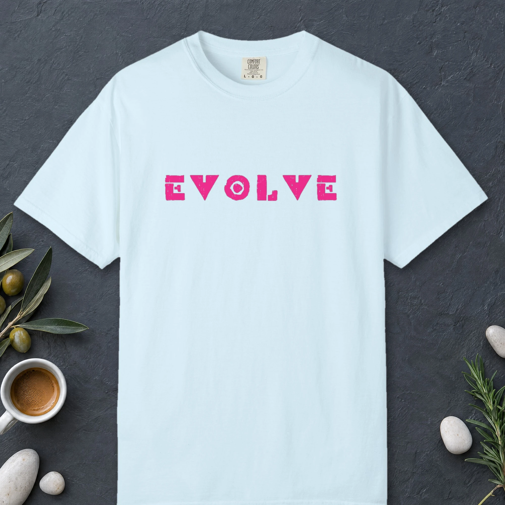 Evolve design on a Chambray Comfort Colors 1717 tee, laid flat