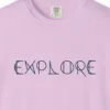 explore-tee-orchid-chest Close-up of the Explore print on a Orchid Comfort Colors 1717 tee