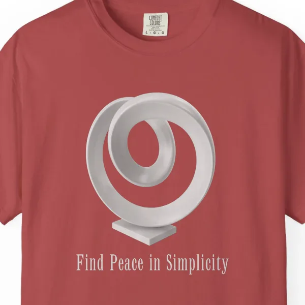 find-peace-in-simplicity-tee-crimson-chest Close-up of the Find Peace in Simplicity print on a Crimson Comfort Colors 1717 tee