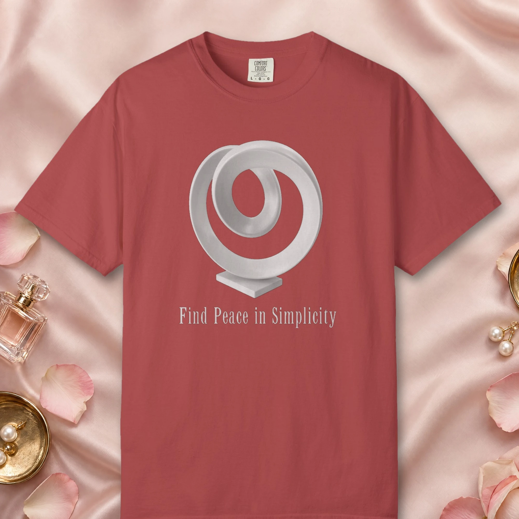 Find Peace in Simplicity design on a Crimson Comfort Colors 1717 tee, laid flat