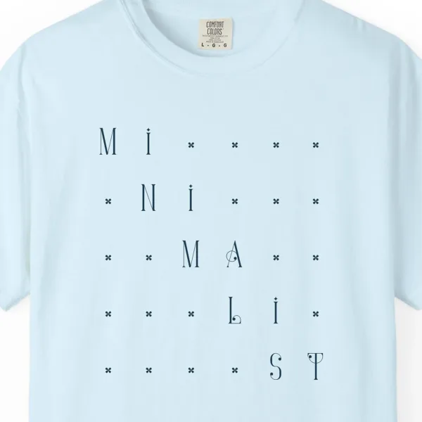 fine-star-stairs-tee-chambray-chest Close-up of the Fine Star Stairs print on a Chambray Comfort Colors 1717 tee