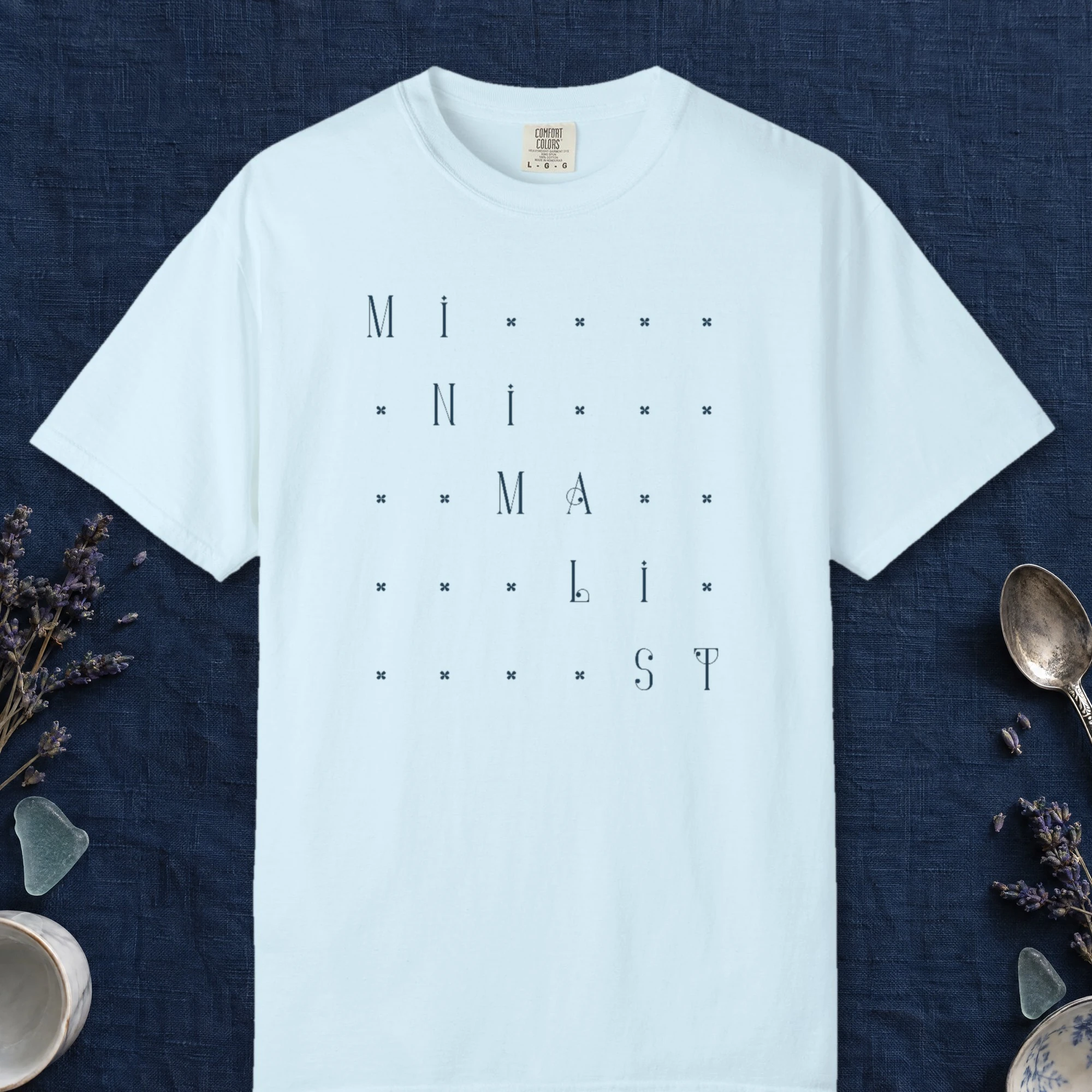 Fine Star Stairs design on a Chambray Comfort Colors 1717 tee, laid flat