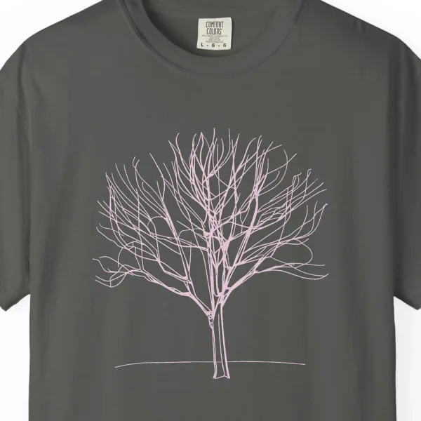 Close-up of the Fine Winter Branches print on a Pepper Comfort Colors 1717 tee