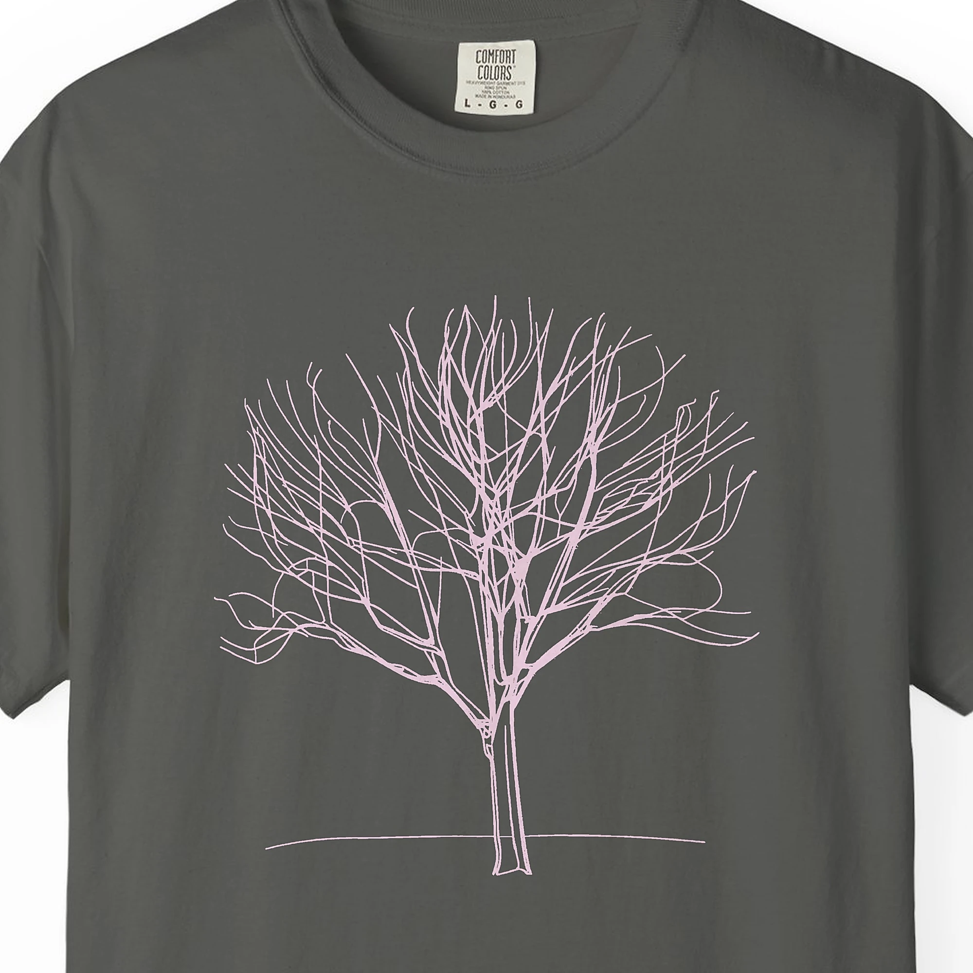 fine-winter-branches-tee-pepper-chest Close-up of the Fine Winter Branches print on a Pepper Comfort Colors 1717 tee