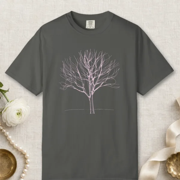 Fine Winter Branches design on a Pepper Comfort Colors 1717 tee, laid flat