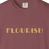 flourish-tee-brick-chest Close-up of the Flourish print on a Brick Comfort Colors 1717 tee