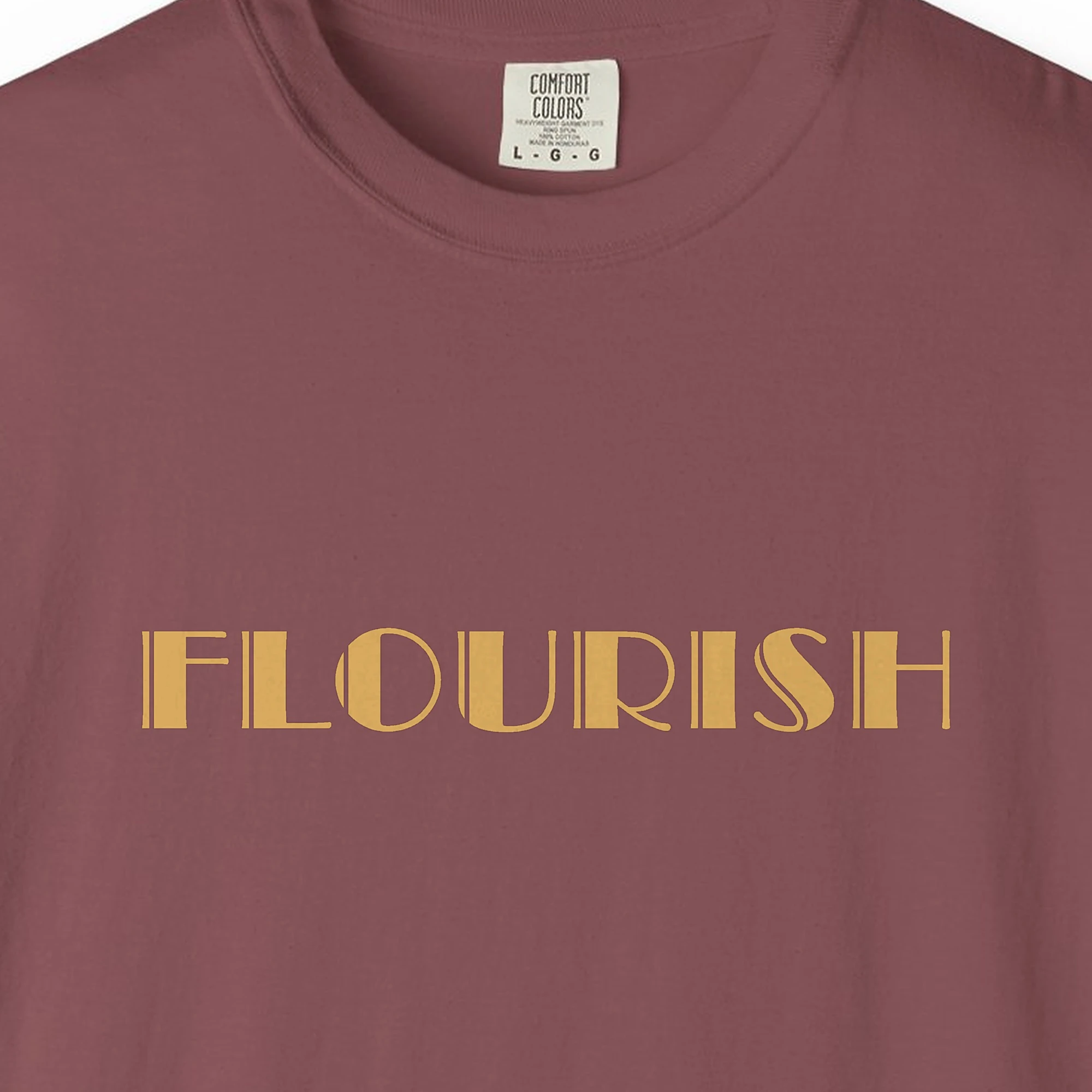 flourish-tee-brick-chest Close-up of the Flourish print on a Brick Comfort Colors 1717 tee