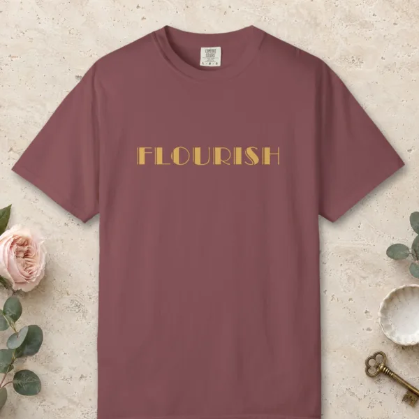 flourish-tee-brick-front Flourish design on a Brick Comfort Colors 1717 tee, laid flat