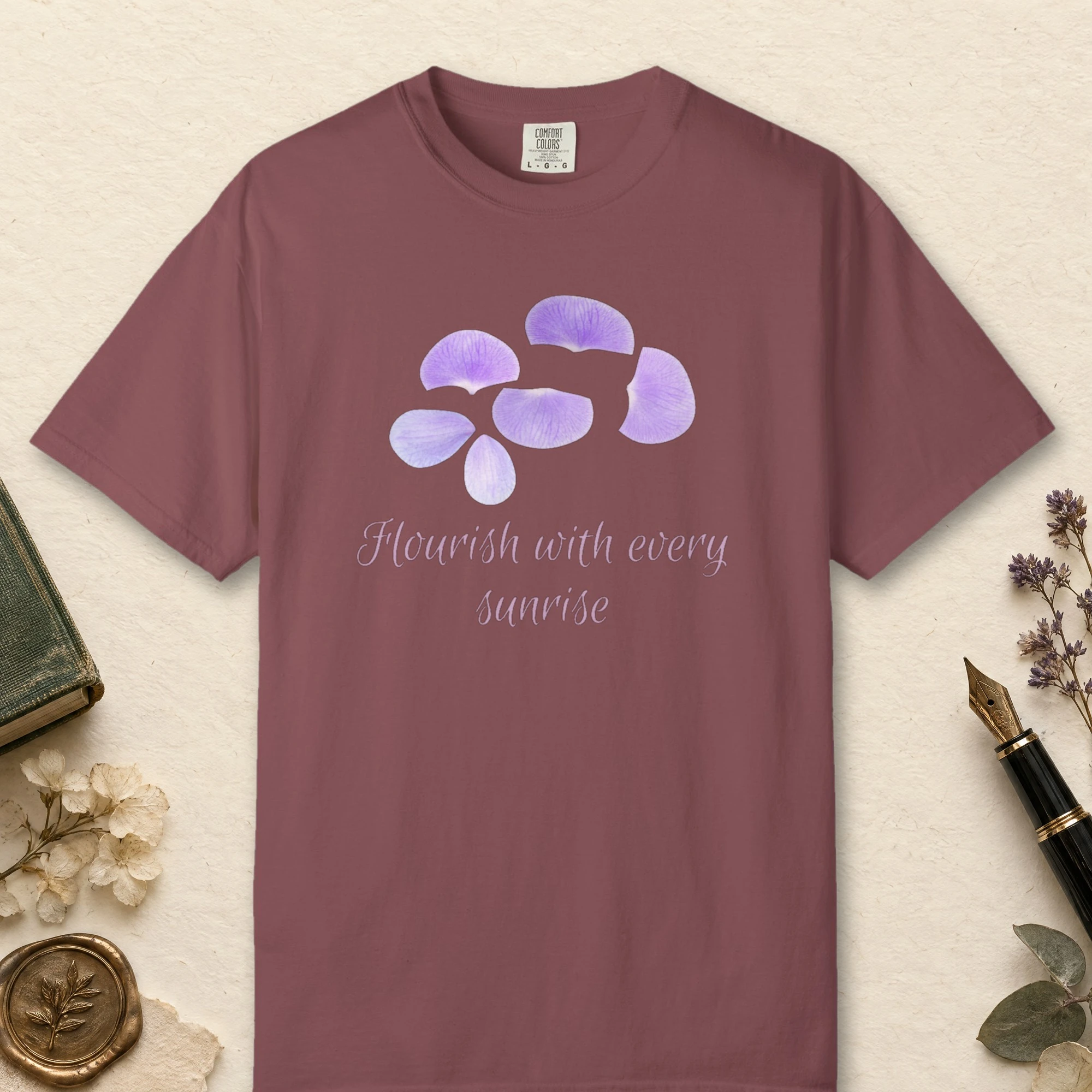 Flourish with Every Sunrise design on a Brick Comfort Colors 1717 tee, laid flat