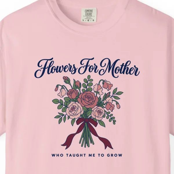 flowers-for-mother-tee-blossom-chest Close-up of the Flowers for Mother print on a Blossom Comfort Colors 1717 tee