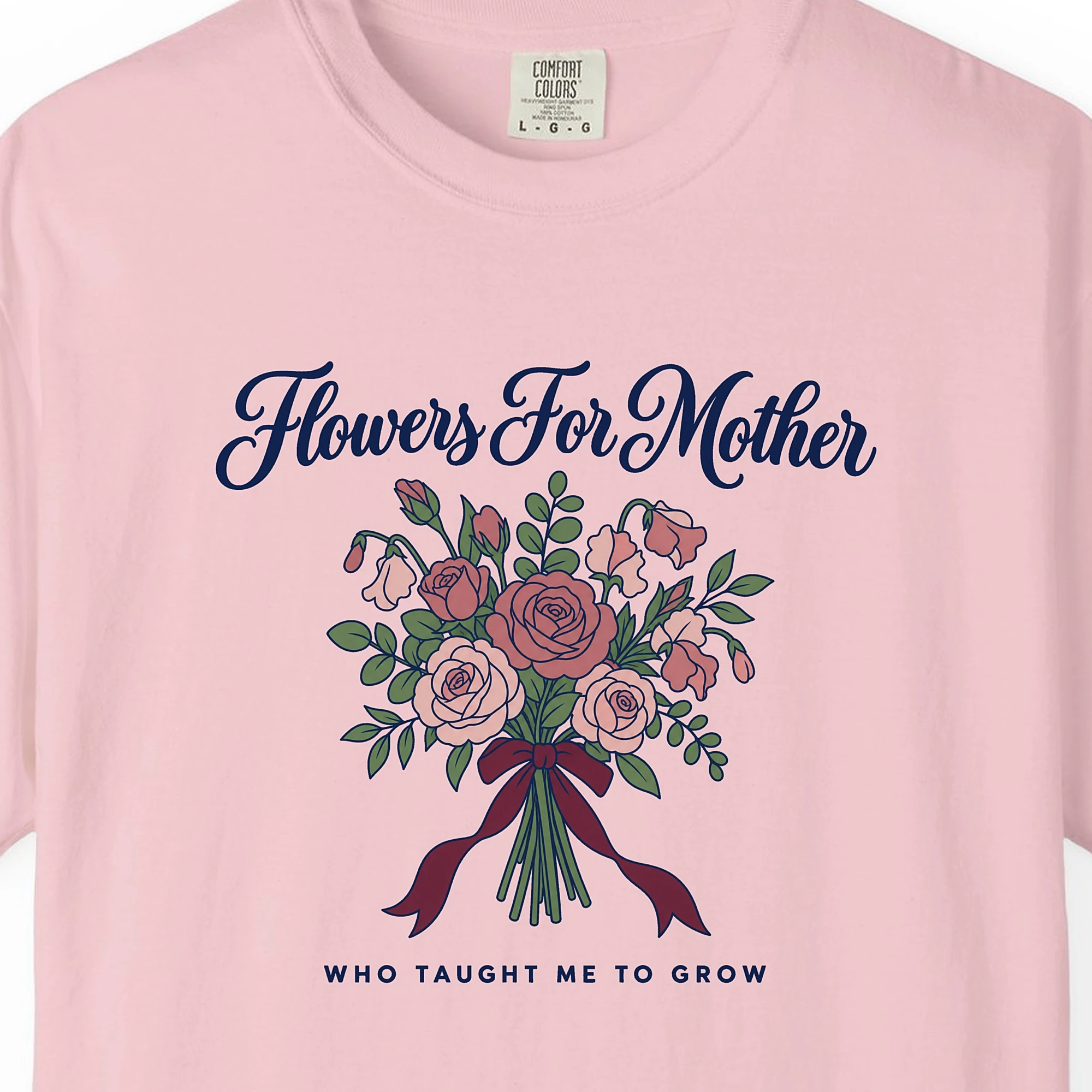 Close-up of the Flowers for Mother print on a Blossom Comfort Colors 1717 tee