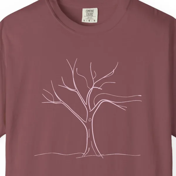 Close-up of the Forked Tree print on a Brick Comfort Colors 1717 tee