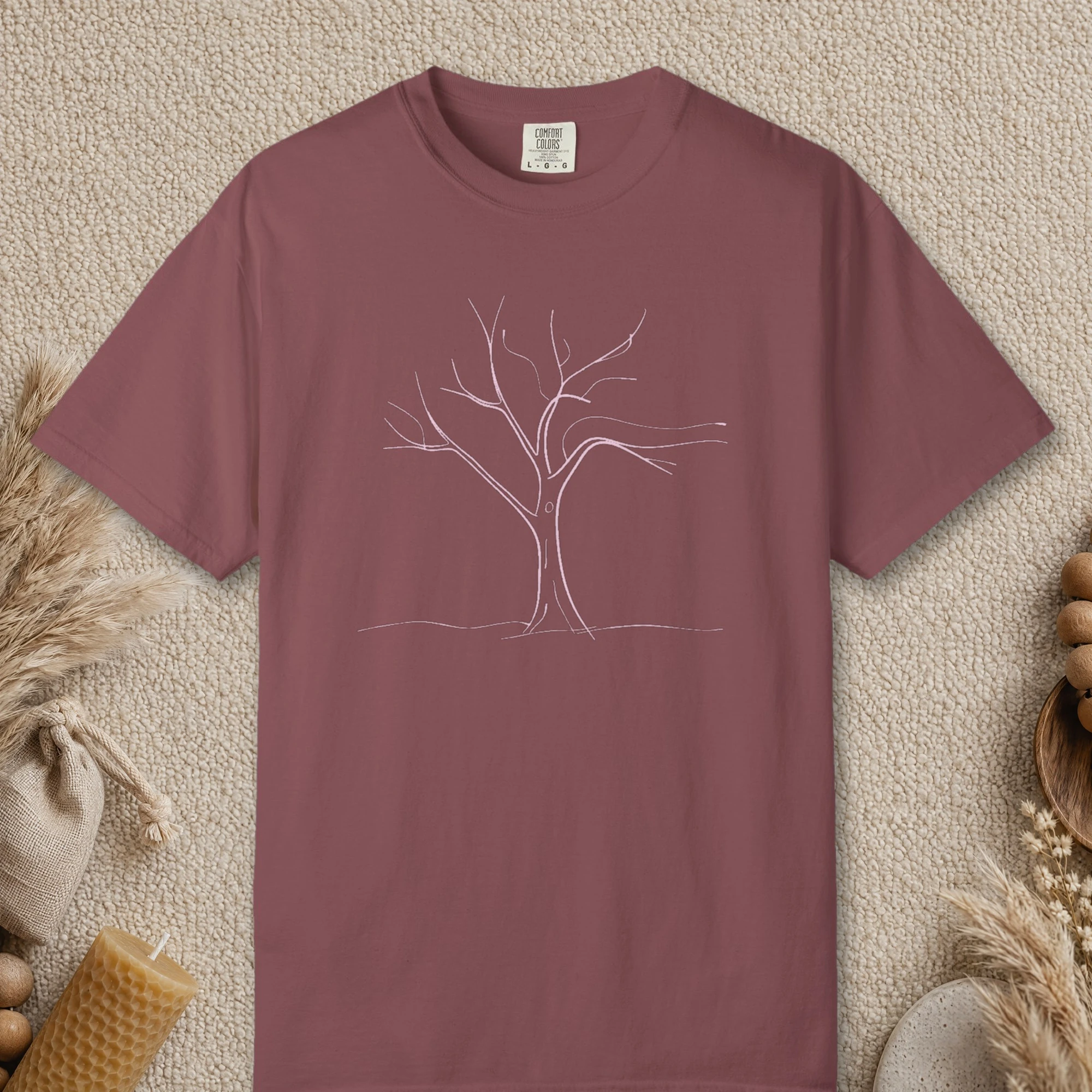 Forked Tree design on a Brick Comfort Colors 1717 tee, laid flat