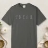 Fresh Serif Caps design on a Pepper Comfort Colors 1717 tee, laid flat