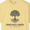 from-small-roots-tee-butter-chest Close-up of the From Small Roots print on a Butter Comfort Colors 1717 tee