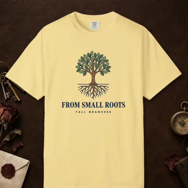 from-small-roots-tee-butter-front From Small Roots design on a Butter Comfort Colors 1717 tee, laid flat