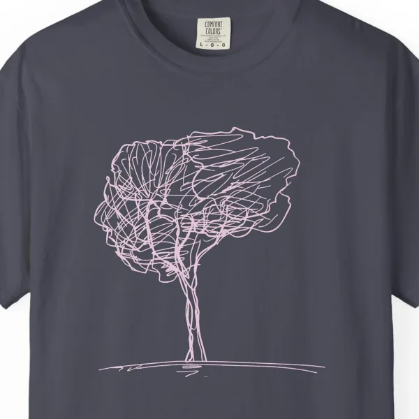 Close-up of the Full Crown Tree print on a Navy Comfort Colors 1717 tee