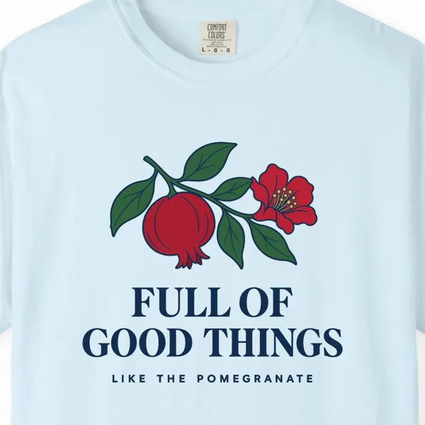 full-of-good-things-tee-chambray-chest Close-up of the Full of Good Things print on a Chambray Comfort Colors 1717 tee