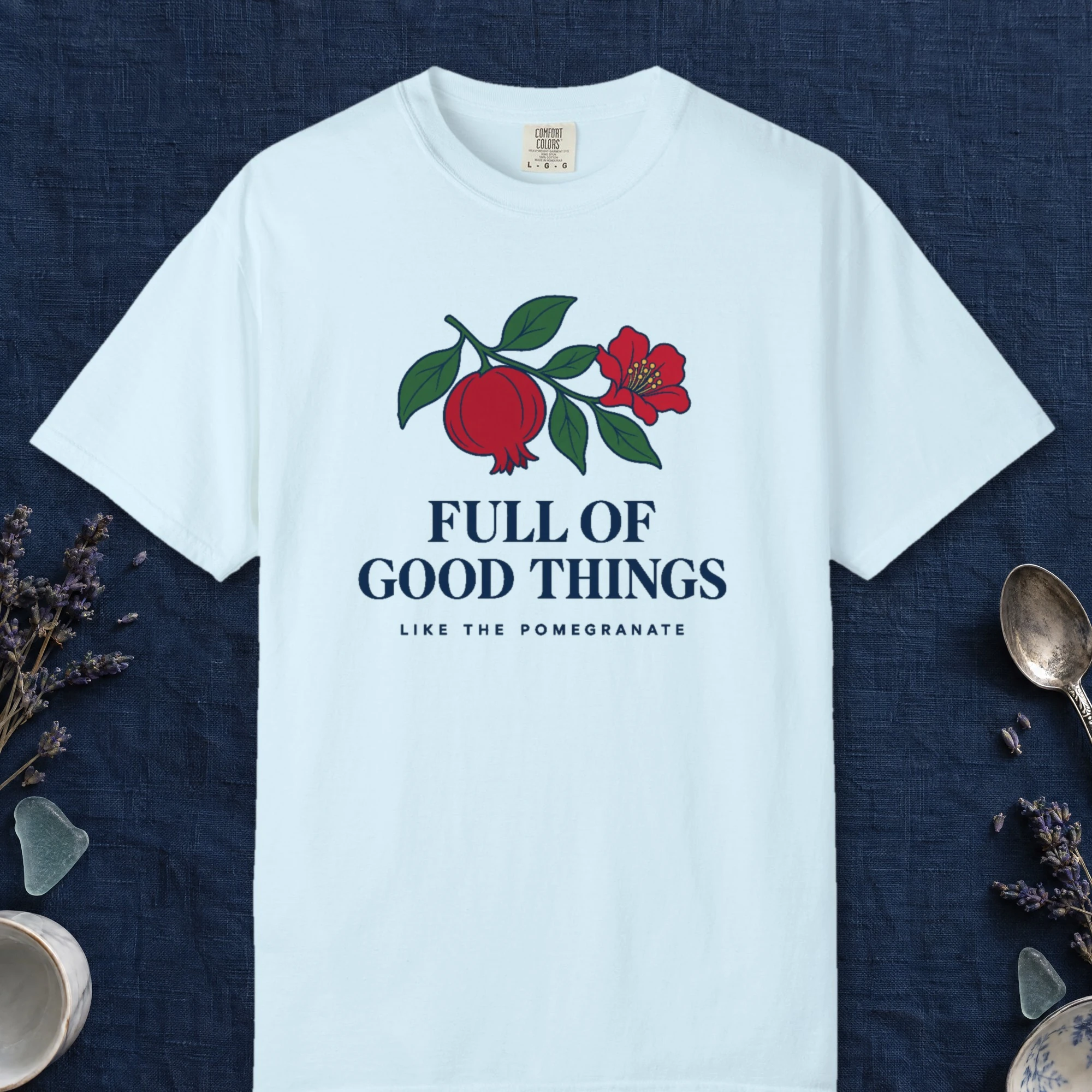 Full of Good Things design on a Chambray Comfort Colors 1717 tee, laid flat