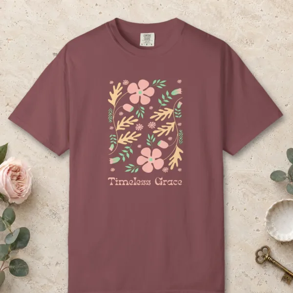 garden-of-grace-tee-brick-front Garden of Grace design on a Brick Comfort Colors 1717 tee, laid flat
