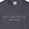 Close-up of the Glimmer Scroll print on a Navy Comfort Colors 1717 tee