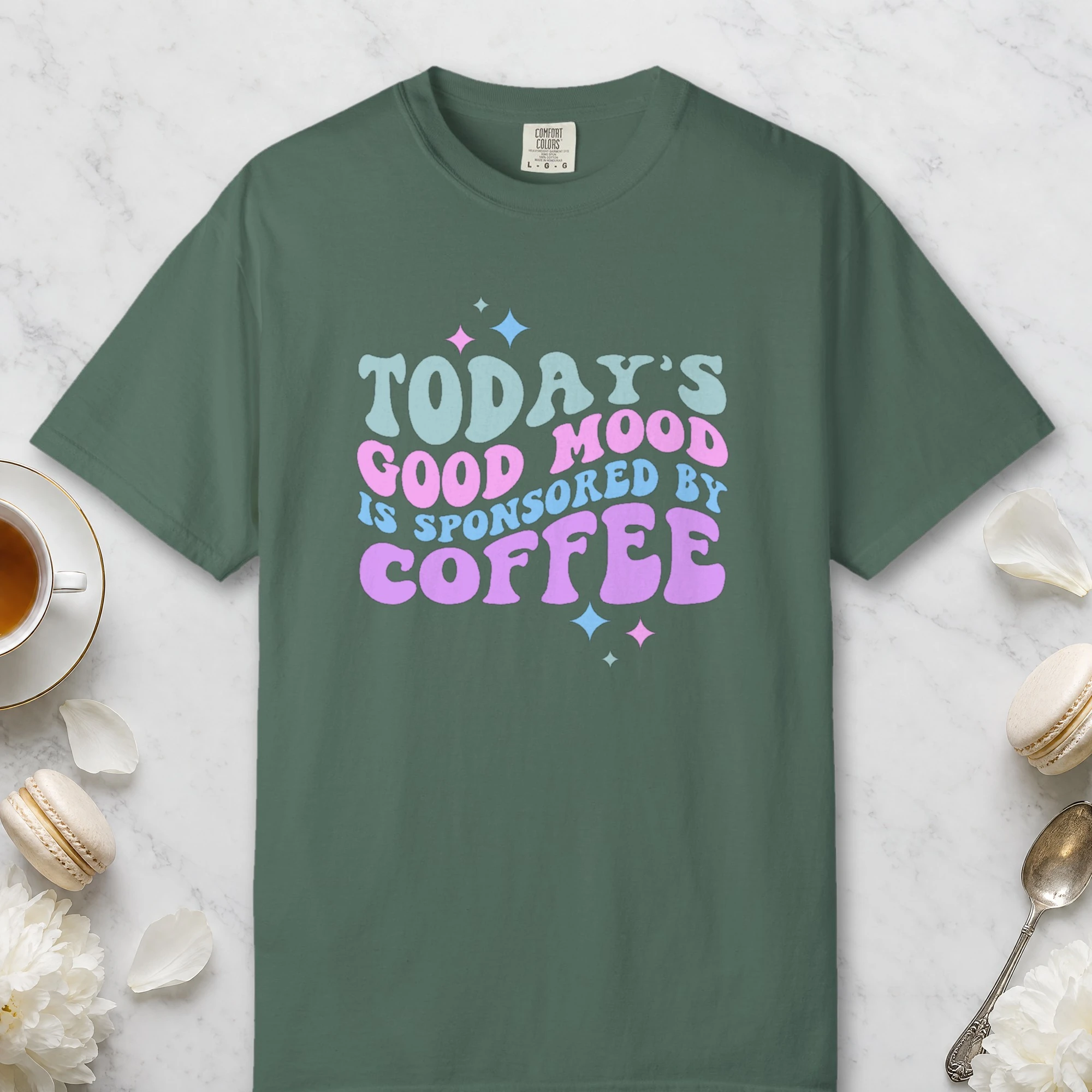 Good Mood by Coffee design on a Blue Spruce Comfort Colors 1717 tee, laid flat