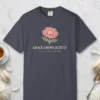Grace Grows Quietly design on a Navy Comfort Colors 1717 tee, laid flat