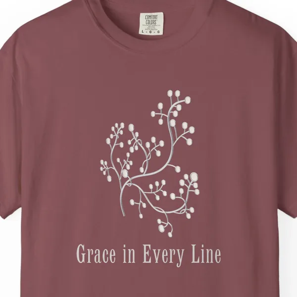 grace-in-every-line-tee-brick-chest Close-up of the Grace in Every Line print on a Brick Comfort Colors 1717 tee