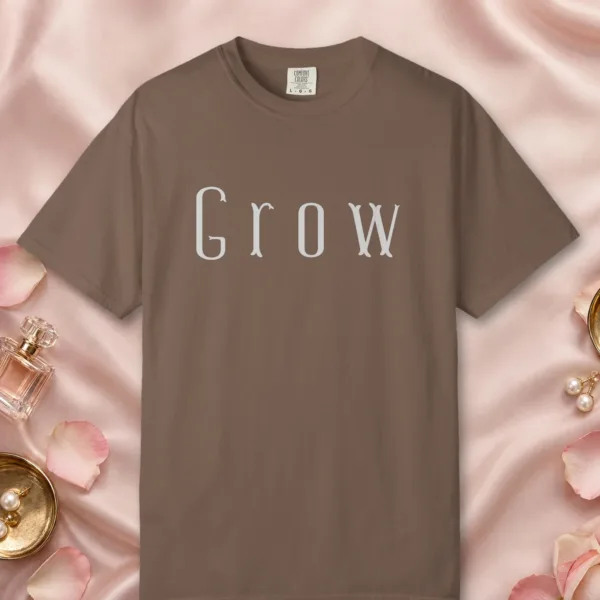 grow-tall-letter-tee-espresso-front Grow Tall Letter design on a Espresso Comfort Colors 1717 tee, laid flat