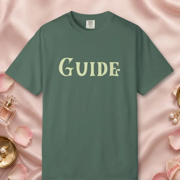 guide-tee-blue-spruce-front Guide design on a Blue Spruce Comfort Colors 1717 tee, laid flat