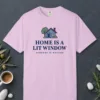 Home Is a Lit Window design on a Orchid Comfort Colors 1717 tee, laid flat