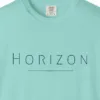 Close-up of the Horizon Line print on a Chalky Mint Comfort Colors 1717 tee