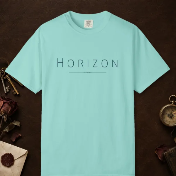 Horizon Line design on a Chalky Mint Comfort Colors 1717 tee, laid flat