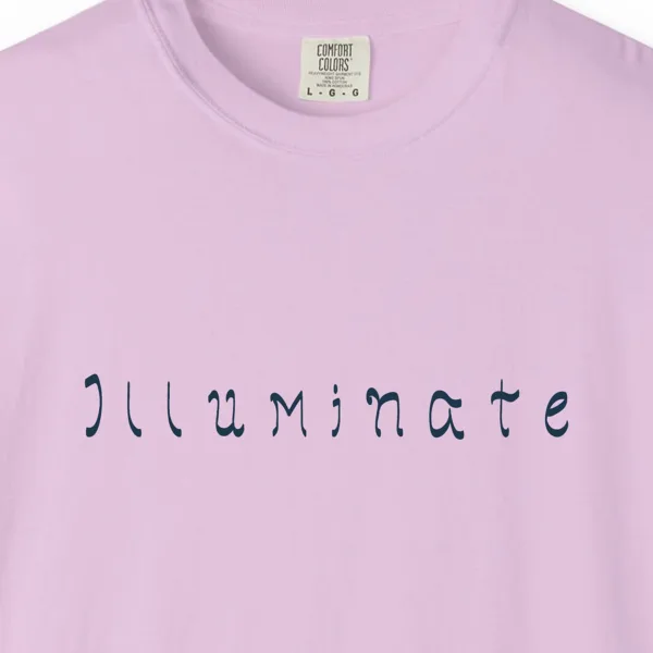 illuminate-hand-lettered-tee-orchid-chest Close-up of the Illuminate Hand-Lettered print on a Orchid Comfort Colors 1717 tee