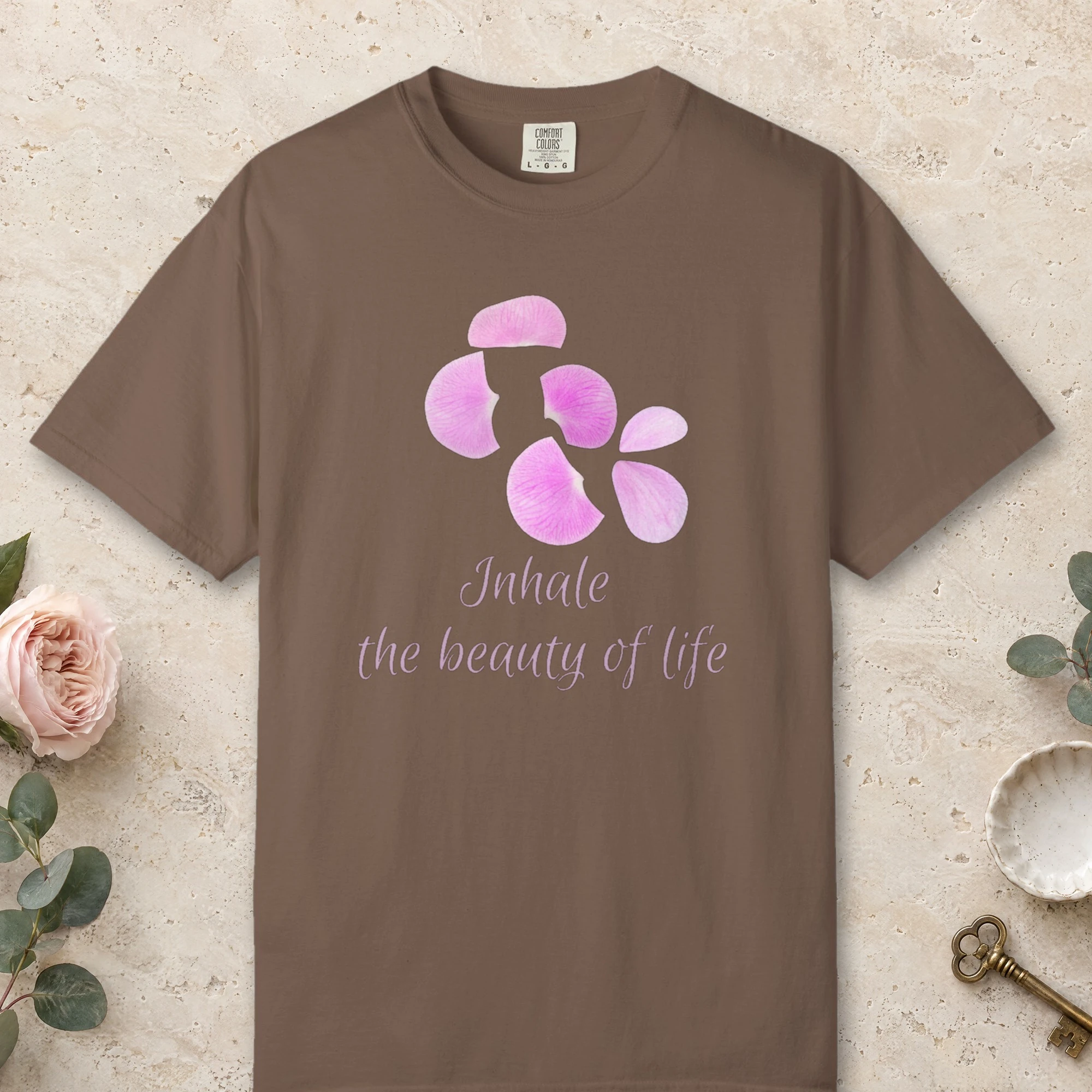Inhale the Beauty of Life design on a Espresso Comfort Colors 1717 tee, laid flat