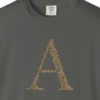 initial-a-tee-pepper-chest Close-up of the Initial A print on a Pepper Comfort Colors 1717 tee