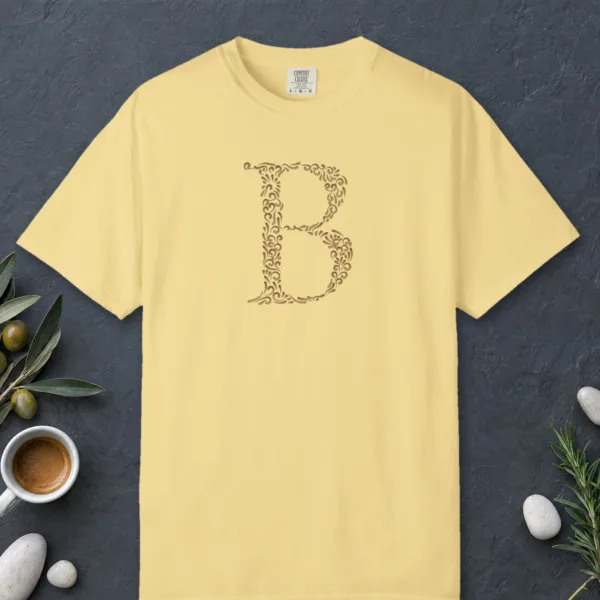 initial-b-tee-butter-front Initial B design on a Butter Comfort Colors 1717 tee, laid flat