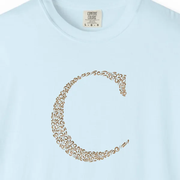 initial-c-tee-chambray-chest Close-up of the Initial C print on a Chambray Comfort Colors 1717 tee