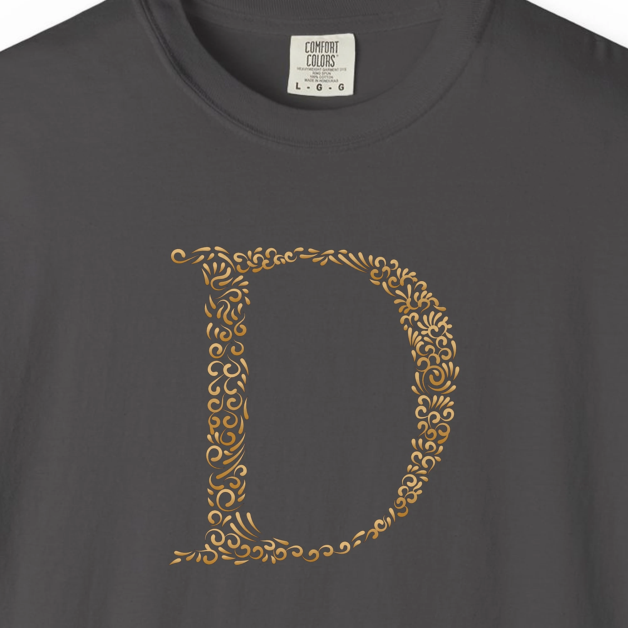 Close-up of the Initial D print on a Graphite Comfort Colors 1717 tee