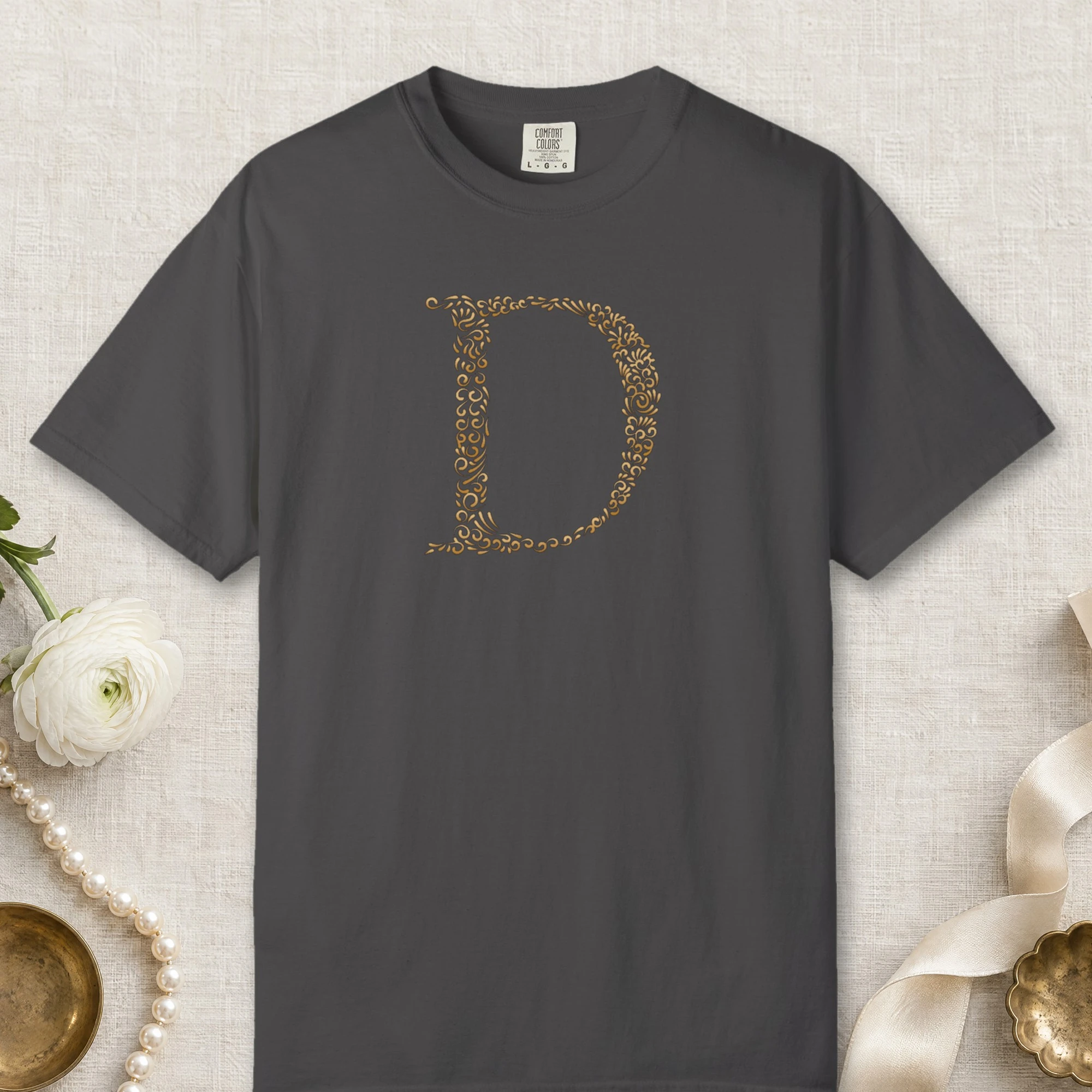 Initial D design on a Graphite Comfort Colors 1717 tee, laid flat