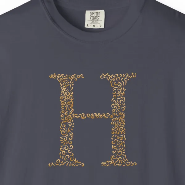 initial-h-tee-navy-chest Close-up of the Initial H print on a Navy Comfort Colors 1717 tee