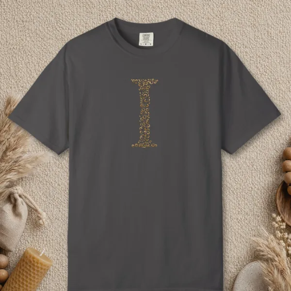 initial-i-tee-graphite-front Initial I design on a Graphite Comfort Colors 1717 tee, laid flat