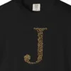 Close-up of the Initial J print on a Black Comfort Colors 1717 tee